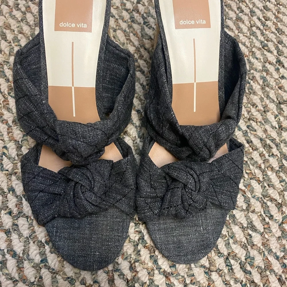 Dolce Vita Black Woven Knot Slide Sandals with Natural Rattan Heel